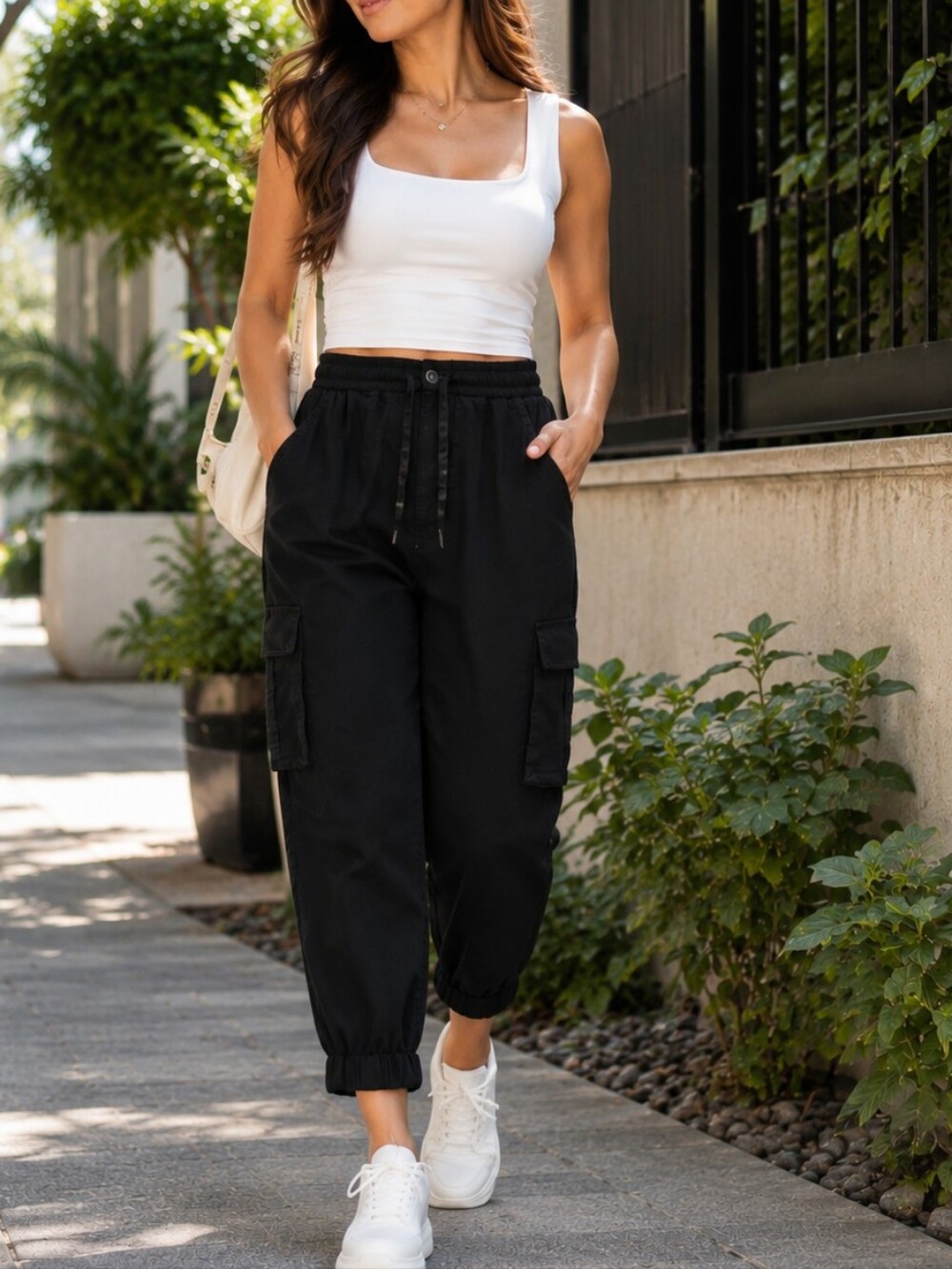 Twik Black Lyocell Cargo Jogger Pants Drawstring Waist Utility Casual Streetwear